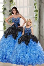 Inexpensive Black and Blue Sweetheart Neckline Beading and Ruffles 15 Quinceanera Dress Sleeveless Lace Up