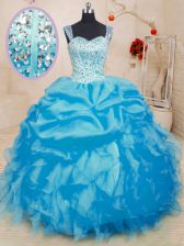 Custom Designed Straps Sleeveless Vestidos de Quinceanera Floor Length Beading and Ruffles and Pick Ups Baby Blue Organza