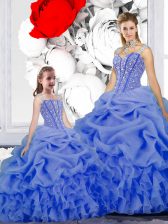 Spectacular Straps Blue Sleeveless Floor Length Beading and Ruffles and Pick Ups Lace Up Quinceanera Gown
