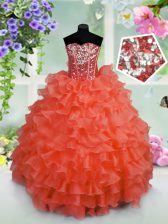 Attractive Coral Red Custom Made Party and Wedding Party with Ruffled Layers and Sequins Sweetheart Sleeveless Lace Up