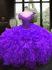  Purple Sweetheart Neckline Beading and Ruffles Sweet 16 Dress Cap Sleeves Lace Up