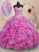  Rose Pink Sweetheart Lace Up Beading and Ruffles Quinceanera Dresses Brush Train Sleeveless