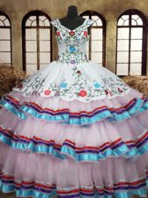  White Ball Gowns Straps Sleeveless Organza and Taffeta Floor Length Lace Up Embroidery and Ruffled Layers Quinceanera Dresses