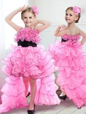  Rose Pink Organza Zipper Straps Sleeveless High Low Flower Girl Dresses for Less Beading and Ruffles and Belt