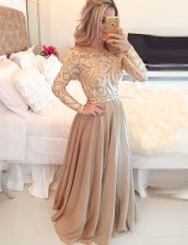 Flirting Scoop Long Sleeves Floor Length Beading and Lace Brown Chiffon