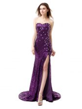 New Style Mermaid Sleeveless Sequined Floor Length Brush Train Side Zipper Homecoming Dress in Purple with Beading and Ruffles