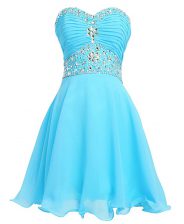 Amazing Mini Length Empire Sleeveless Aqua Blue Prom Evening Gown Lace Up