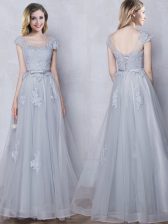  Grey Dama Dress Prom and Party and Wedding Party with Lace and Appliques and Belt Scoop Cap Sleeves Lace Up