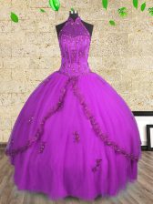 Latest Halter Top Sleeveless Tulle Floor Length Lace Up Quinceanera Gowns in Purple with Beading
