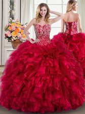 Stylish Red Sleeveless Organza Brush Train Lace Up Quinceanera Gown for Military Ball and Sweet 16 and Quinceanera