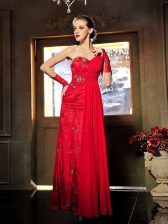  Sleeveless Satin Floor Length Lace Up Prom Evening Gown in Red with Beading and Ruching