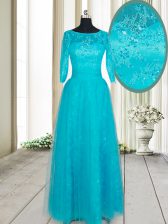  Teal Prom Evening Gown Prom with Beading and Lace and Appliques Scoop Half Sleeves Zipper