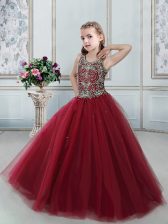 Customized Wine Red Ball Gowns Scoop Sleeveless Tulle Floor Length Lace Up Beading Kids Formal Wear
