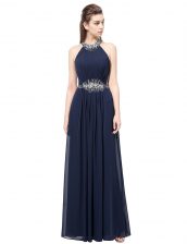 Classical Column/Sheath Prom Evening Gown Navy Blue Scoop Chiffon Sleeveless Floor Length Side Zipper