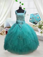  Square Turquoise Ball Gowns Beading and Ruffles and Belt Little Girls Pageant Dress Wholesale Lace Up Tulle Sleeveless Floor Length