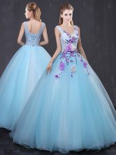 Glamorous Lace and Appliques Sweet 16 Dresses Light Blue Lace Up Sleeveless Floor Length