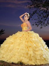 Best Selling Ruffled Floor Length Ball Gowns Sleeveless Gold Ball Gown Prom Dress Lace Up