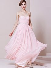 Fitting Baby Pink Chiffon Zipper Sweetheart Sleeveless Floor Length Prom Gown Beading