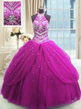 Extravagant Tulle High-neck Sleeveless Lace Up Beading Ball Gown Prom Dress in Fuchsia