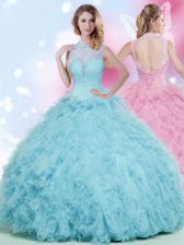 Extravagant Baby Blue Ball Gowns Beading and Ruffles Quinceanera Dress Lace Up Tulle Sleeveless Floor Length