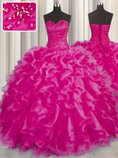  Ball Gowns Quince Ball Gowns Hot Pink Sweetheart Organza Sleeveless Floor Length Lace Up