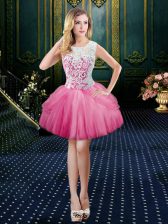  Hot Pink Ball Gowns Tulle Scoop Sleeveless Lace Mini Length Clasp Handle Prom Dress