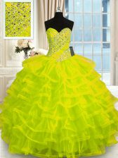 Fashion Yellow Green Lace Up Sweetheart Beading and Ruffled Layers Quinceanera Gowns Organza Sleeveless