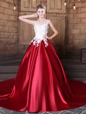 Stunning Elastic Woven Satin Scoop Sleeveless Lace Up Lace and Appliques Vestidos de Quinceanera in Wine Red