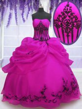  Fuchsia Strapless Lace Up Embroidery and Pick Ups Sweet 16 Dresses Sleeveless