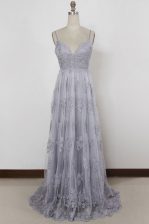  Grey Column/Sheath Spaghetti Straps Sleeveless Tulle With Train Sweep Train Backless Appliques Prom Gown