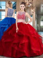 Nice Red Two Pieces Tulle Bateau Sleeveless Beading and Ruffles Floor Length Side Zipper Sweet 16 Quinceanera Dress