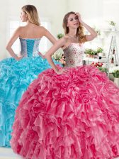 Graceful Organza Sweetheart Sleeveless Lace Up Beading and Ruffles Quinceanera Dress in Pink and Aqua Blue