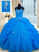 Exquisite Blue Sleeveless Floor Length Beading and Pick Ups Lace Up Quinceanera Gown