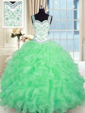 Elegant Organza Lace Up Sweetheart Sleeveless Floor Length Ball Gown Prom Dress Beading and Appliques and Ruffles