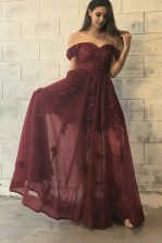  Off the Shoulder Burgundy A-line Appliques Prom Evening Gown Zipper Tulle Short Sleeves Floor Length
