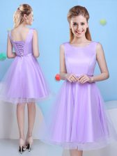  Scoop Knee Length Lace Up Quinceanera Court Dresses Lavender for Prom and Party with Bowknot