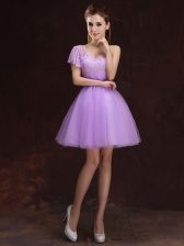 Flirting One Shoulder Sleeveless Mini Length Lace and Ruching Lace Up Dama Dress for Quinceanera with Lilac
