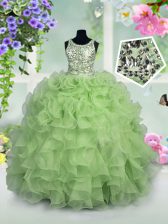 Eye-catching Apple Green Organza Zipper Scoop Sleeveless Floor Length Little Girls Pageant Gowns Ruffles and Sequins