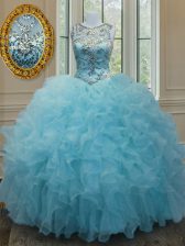 Captivating Aqua Blue Ball Gowns Scoop Sleeveless Organza Floor Length Lace Up Beading and Ruffles 15th Birthday Dress