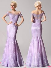 Elegant Mermaid Lavender Zipper Off The Shoulder Beading and Lace Prom Gown Lace Short Sleeves