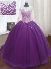 Fitting Scoop Purple Ball Gowns Beading and Sequins Quinceanera Gown Lace Up Organza Long Sleeves