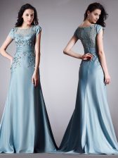 Best Scoop Appliques Prom Gown Light Blue Zipper Cap Sleeves Floor Length
