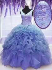 Deluxe Sleeveless Floor Length Beading and Embroidery and Ruffles Lace Up Vestidos de Quinceanera with Purple