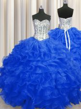 Fitting Royal Blue Ball Gowns Organza Sweetheart Sleeveless Beading and Ruffles Floor Length Lace Up Sweet 16 Quinceanera Dress