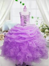  Rose Pink Ball Gowns Organza Square Sleeveless Beading and Ruffles and Pick Ups Floor Length Zipper Little Girl Pageant Dress