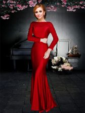 Modern Off the Shoulder Red Zipper Prom Party Dress Ruching Long Sleeves Ankle Length