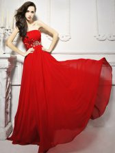 Excellent With Train Red Prom Dress Chiffon Brush Train Sleeveless Beading and Ruching