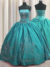  Taffeta Strapless Sleeveless Lace Up Beading and Embroidery Vestidos de Quinceanera in Teal