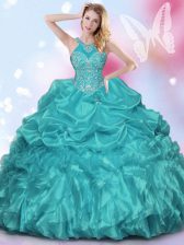 Glittering Teal Halter Top Lace Up Appliques and Ruffles and Pick Ups Quinceanera Dresses Sleeveless