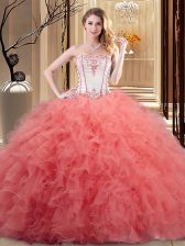 Watermelon Red and Orange Ball Gowns Organza Strapless Sleeveless Embroidery and Ruffled Layers Floor Length Lace Up Sweet 16 Quinceanera Dress